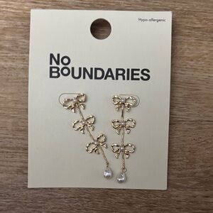 No Boundaries Gold Bow Drop Earrings with Pearl Dangles